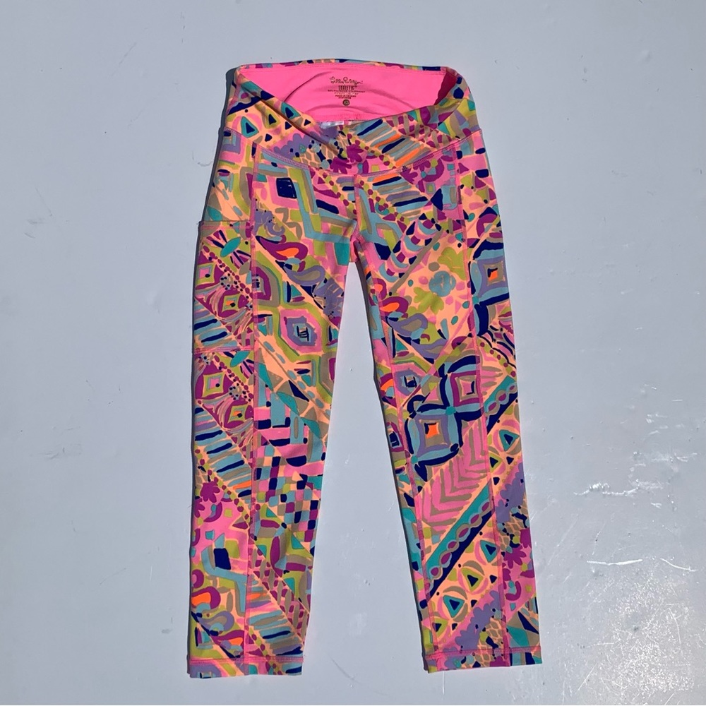 Lilly Pulitzer Luxletic Cropped Pink Plantain Party Leggings Pants XSmall 26123